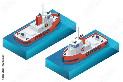Isometric tugboat. A tugboat or tug is a marine vessel that manoeuvres other vessels by pushing or pulling them, with direct contact or a tow line.
