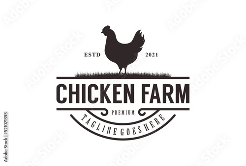 Vintage chicken farm logo vector illustration design. rooster on fence hipster logo design