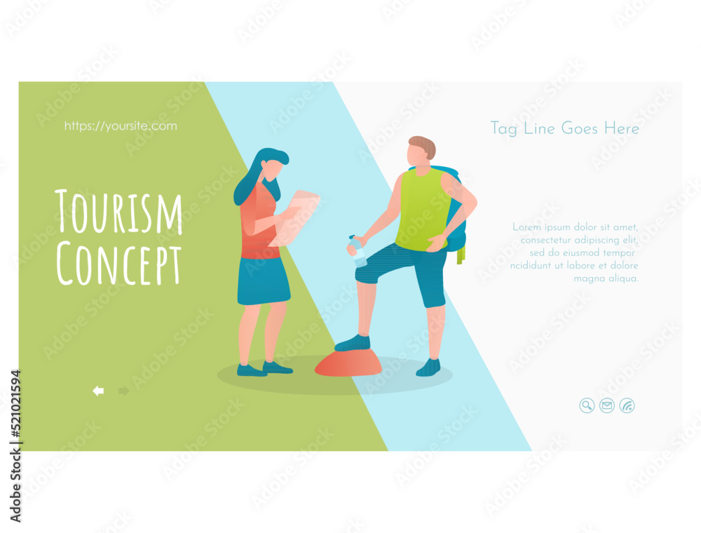Tourist adventures web page template flat design. Young couple travelling on summer vacation. Tourists booking service, travel agency advertising web banner, website, homepage vector illustration