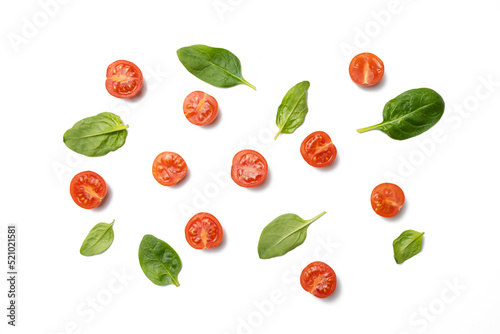 Fototapeta Naklejka Na Ścianę i Meble -  Composition with cherry tomatoes on white and basil leaves on white background