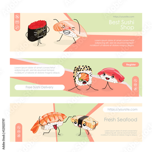 Fresh seafood landing page templates set. Traditional asian food website interface with cute sushi and rolls characters. Sushi bar, delivery service homepage design cartoon vector illustration