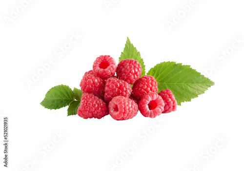Raspberries with leaves on a white background.