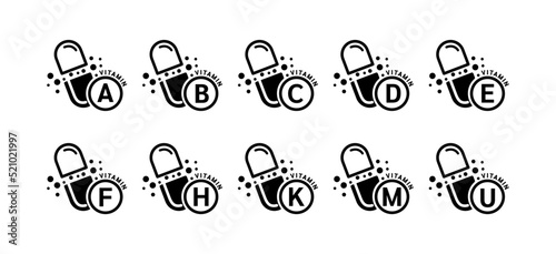 Vitamin icon black in capsule form simple line. Vitamins set isolated on a white background. Medical symbol concept. Design for use on web app mobile and print media. Vector EPS10 illustration.
