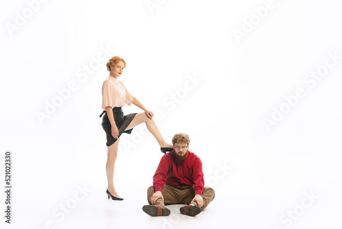 Family couple in vintage outfits sort things out isolated on white background. Concept of relationship, family, feminism, psychology of personality