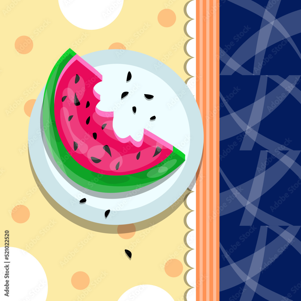 Overhead view of watermelon with seeds on plate. Hello summer. Fresh watermelon slice for poster, print, template, card, icon. Fresh healthy food. Summer food concept, stock vector illustration.