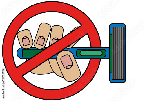 Hand holding shaving machine, prohibition sign isolated on white background in cartoon style in vector graphic