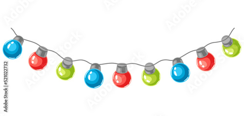 Illustration of garland of light bulbs. Merry Christmas and Happy New Year decoration.