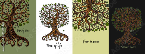 Vintage tree of life with roots, concept art for your project. Creative template for cards, banner, social media, print promotional materials. Vector illustration