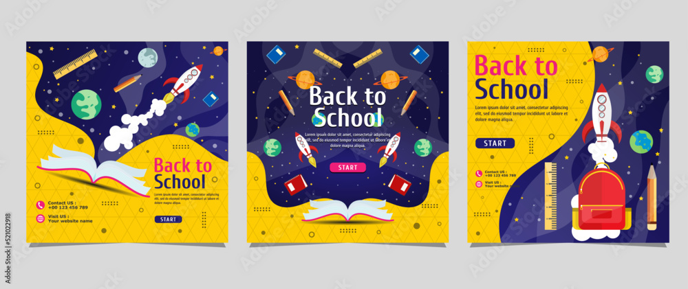 Back to school social media post template design. For web ads, postcard, card, business messages, discount flyers and big sale banners Back to school social media post template design. For web ads, postcard, card, business messages, discount flyers and big sale banners