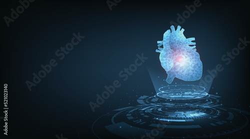 Glowing human heart vector illustration made of low poly triangle connection.Innovative technology intra-body, 3d Anatomy of Human Heart on dark blue background.