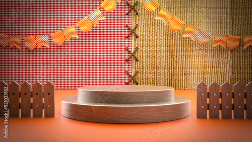 Palco 3d realista com bandeirinha para expor produtos de festa junina