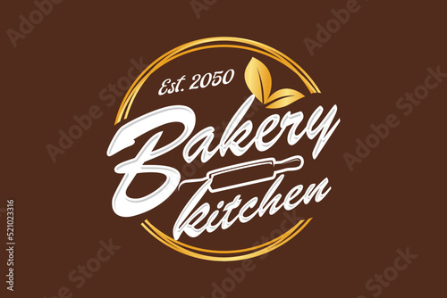 Bakery kitchen rolling pin logo design cake kitchen restaurant handmade vector oval shape