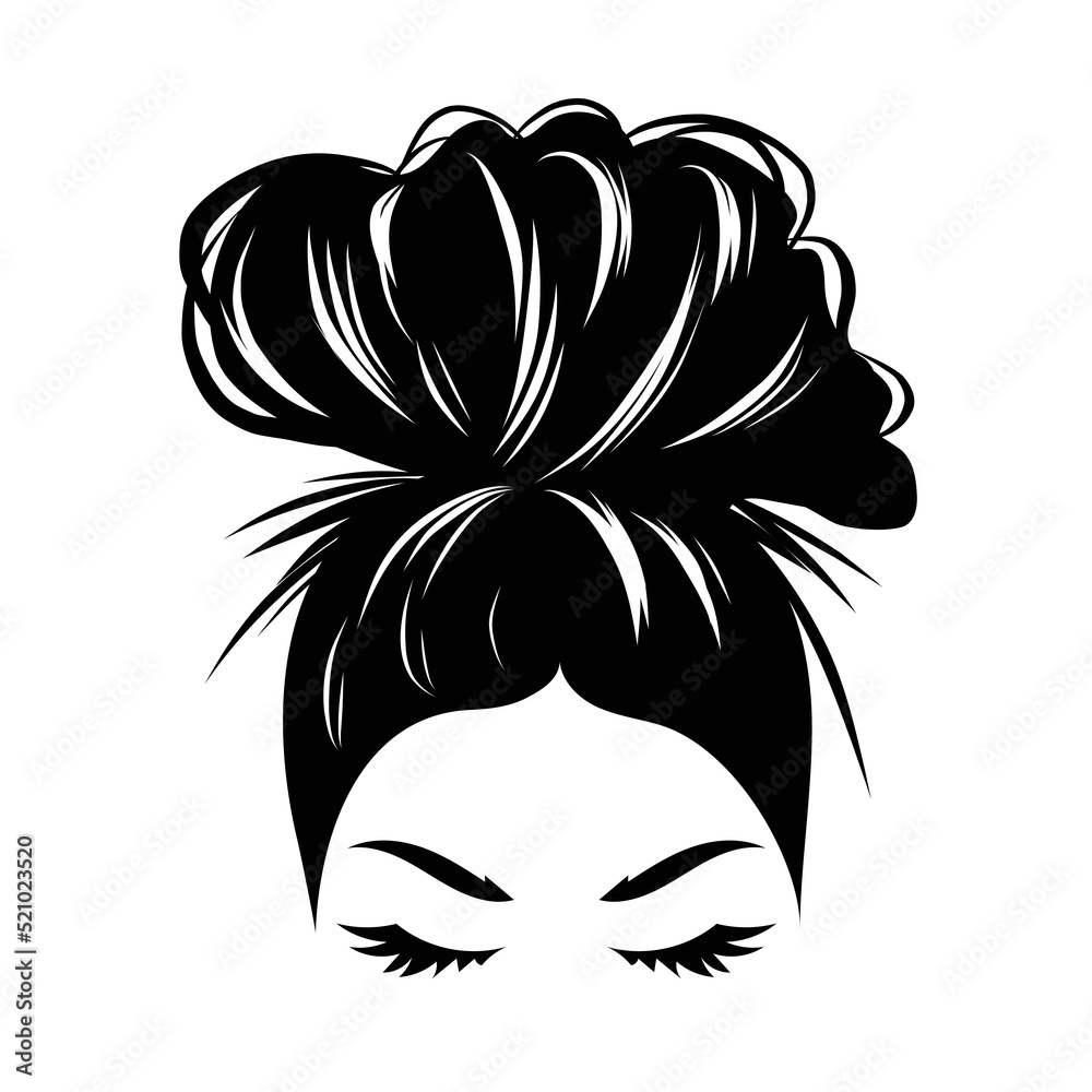 Hand drawn girl with messy hairstyle hair bun. Mom life style clip