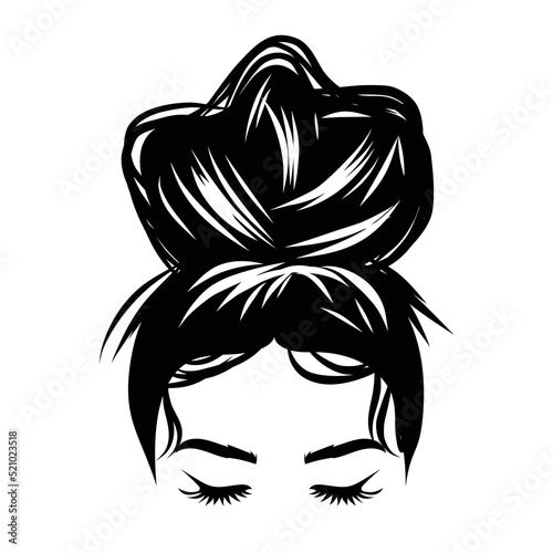 Hand drawn girl with messy hairstyle - hair bun. Mom life style clip art for prints