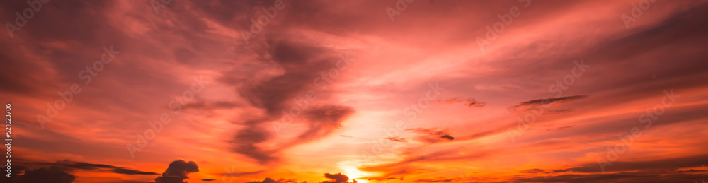 the colors of the sunset. dramatic panoramic sunset with cirrus clouds illuminated by red sunbeams.