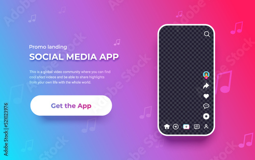 Tiktok social media landing concept, mobile phone app interface with icons and transparent space for photo or video. Promo site screen with text and button for present your app design. 3D illustration