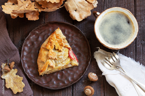 Obraz na płótnie Whole wheat gallet with apple and pear, served with coffee. Rustic style. w salonie