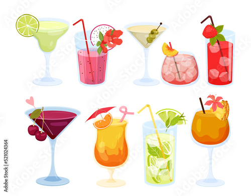 Set of various summer colorful cocktails. Cocktail party, alcohol drinks with exotic fruits, mojito and gin glasses, beverages with tropical decorations vector illustration