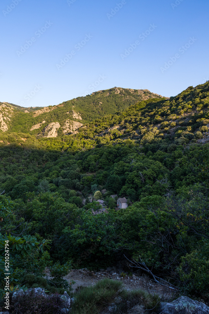 Paysage au lever du soleil sur les montagnes autour Hameau de Bardou à Mons dans le Parc naturel régional du Haut-Languedoc