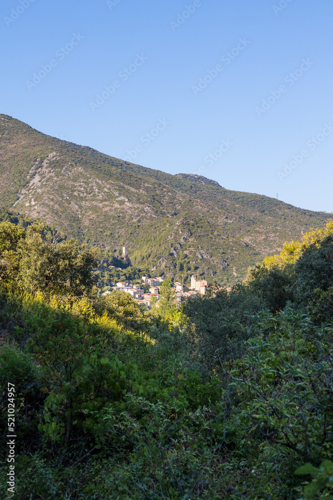 Vue sur le village médiéval de Roquebrun au pied d'une montagne