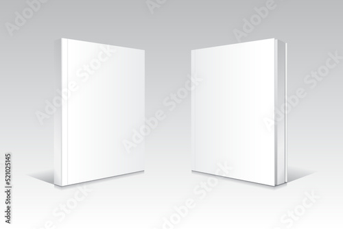 Blank white standing, slightly open softcover thin books or magazines mockup template. Isolated on gradient gray background with shadow. Ready to use for your business. Realistic vector illustration.