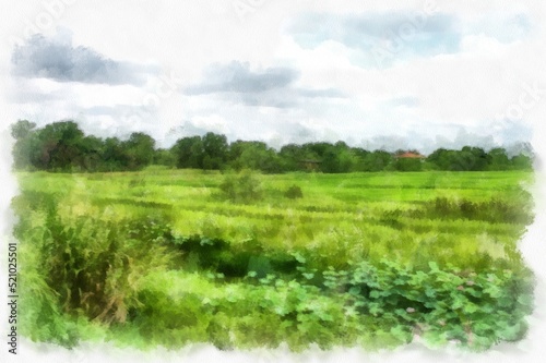 Meadow and forest landscape watercolor style illustration impressionist painting.
