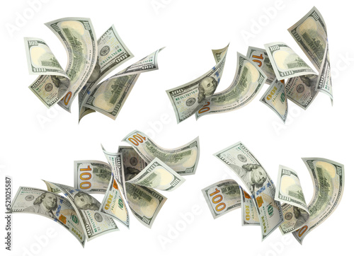 Collection of flying 100 American dollars banknotes, isolated on white background