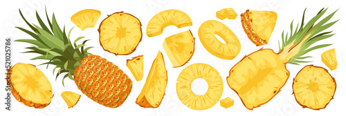 Pineapple set vector illustration. Cartoon isolated whole tropical fruit, cut in half, ripe pieces and juicy chunks, round and triangle fragments for healthy vitamin juicy dessert, vegetarian diet