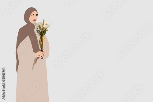 Fashion arabic muslim woman in hijab and abaya on background with free space for text. Stylish islamic model in hijab. Illustration of a young arab emirati woman in traditional dress with flowers