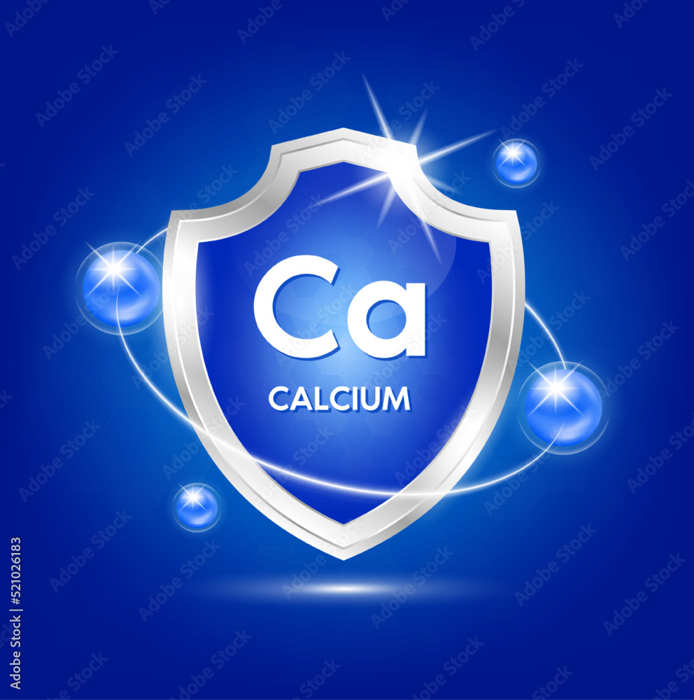 Fototapeta premium Minerals calcium Ca shield with blue atom and vitamins complex. Protect the body stay healthy. For nutrition products food. Medical scientific concepts. Vector illustration.