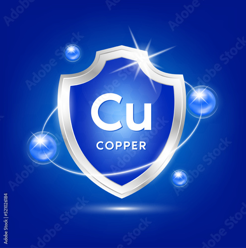 Minerals copper Cu shield with blue atom and vitamins complex. Protect the body stay healthy. For nutrition products food. Medical scientific concepts. Vector illustration.