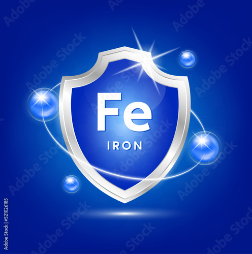 Minerals iron Fe shield with blue atom and vitamins complex. Protect the body stay healthy. For nutrition products food. Medical scientific concepts. Vector illustration.