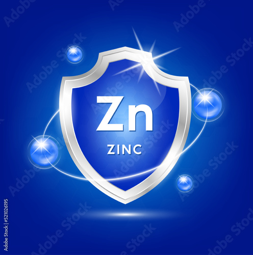Minerals zinc shield with blue atom and vitamins complex. Protect the body stay healthy. For nutrition products food. Medical scientific concepts. Vector illustration.