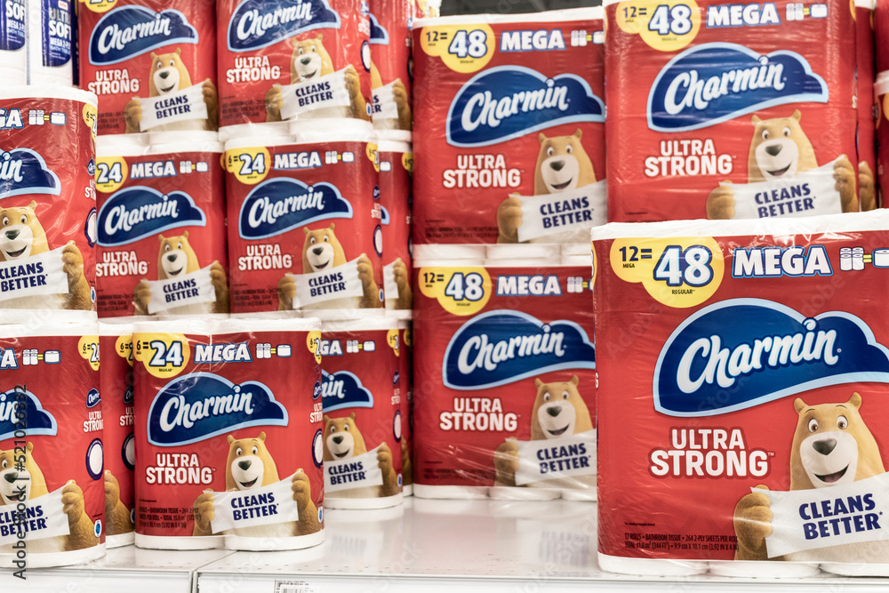 Charmin toilet paper and toilet tissue display. Charmin is a hygiene