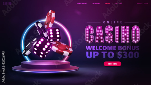 Online casino, welcome bonus, banner for website with button, podium with purple neon 3D dice with red and black realistic gambling stack of casino chips on podium with round neon frame
