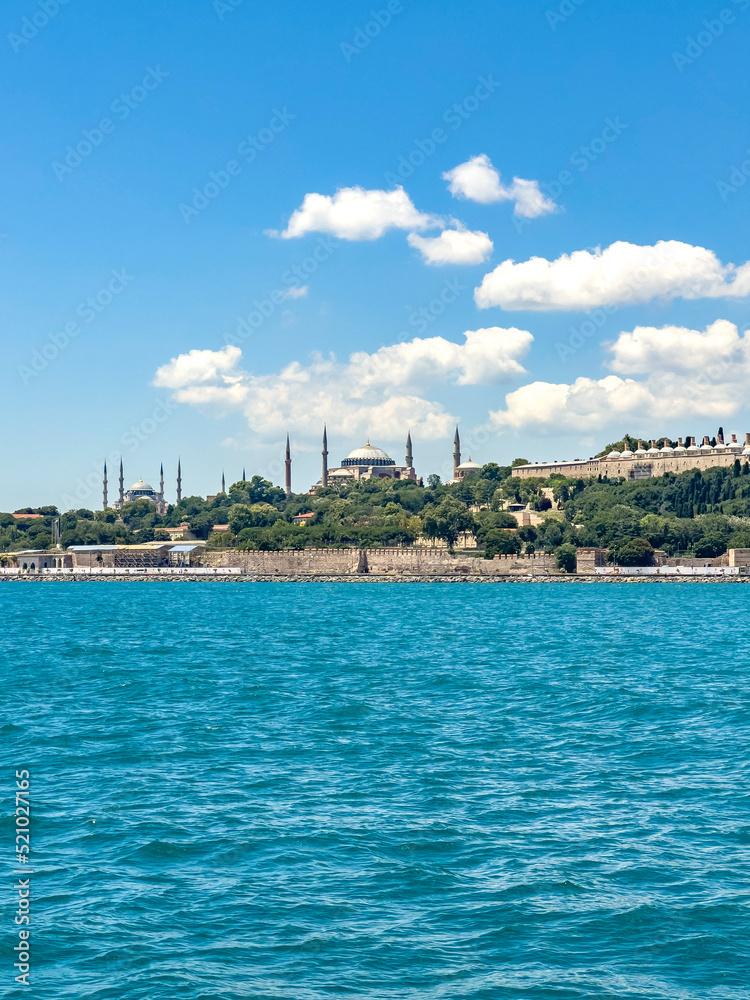 Historical view on Istanbul city on a sunny day with Ottoman Topkapi museum, Hagia Spohia church and Blue Mosque in background. Beautiful travel destination postcard, poster banner. Vertical
