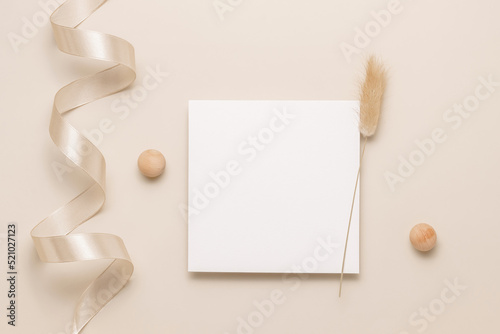 Blank paper card with lagurus grass, minimal aesthetic style. Business brand, social media, logo and invitation template. Flat lay, top view