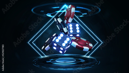 Blue neon 3D dice with red and black realistic gambling stack of casino chips in dark scene with neon rhombus frames and hologram of digital rings