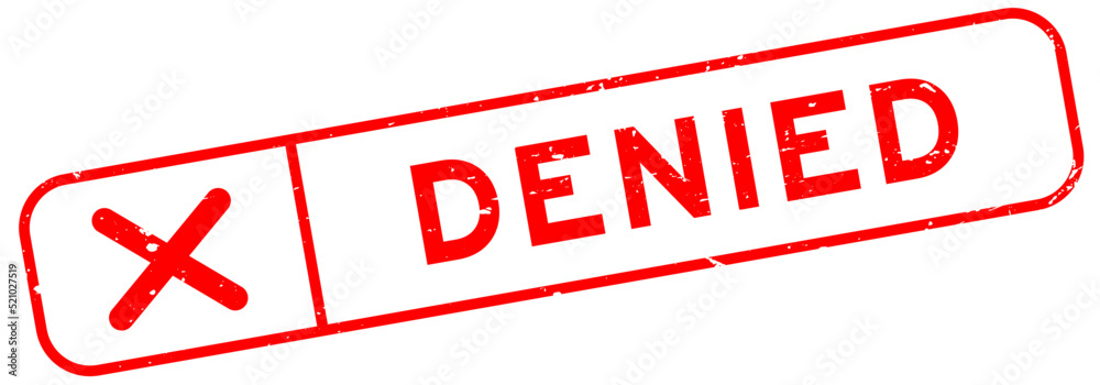 Grunge red denied word with wrong check mark icon square rubber seal stamp on white background Grunge red denied word with wrong check mark icon square rubber seal stamp on white background