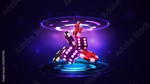 Purple neon 3D dice with red and black realistic gambling stack of casino chips inside pink and blue hologram of digital rings in dark empty scene