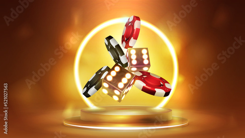Gold 3D dice with red and black realistic gambling stack of casino chips on gold podium with yellow neon ring on background, 3d realistic vector illustration.