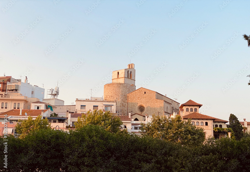 Sant Pol de Mar town on the Maresme coast. Churches of the fifteenth century. Located in the province of Barcelona, ​​Catalonia, Spain. Charming towns in the Mediterranean.