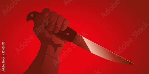 Concept du meurtre et des tueurs en série avec le symbole d’une main levé qui tient un couteau, sur un fond rouge.