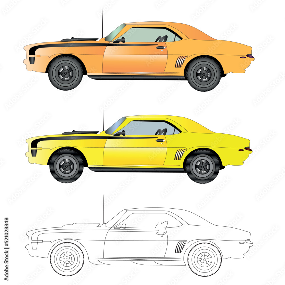 Sports vector car illustration yellow and orange retro car, side view - 3D ,speed, muscle car ,illustration ,luxury car, flat vector car,sketch, outline ,extreme fast