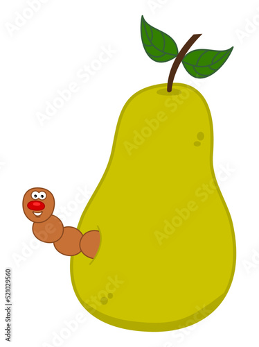 Smiling brown maggot coming out of a juicy yellow pear