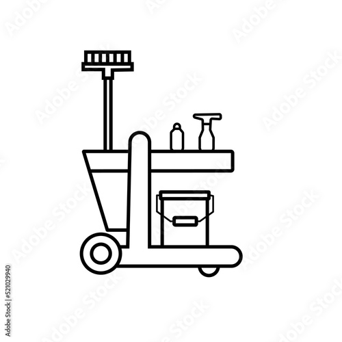 Cleaning trolley line icon. Cleaning service cart. Bucket, broom, detergent, sponge, rag, sanitizer. Black outline on white background. Janitors equipment. Disinfection. Vector illustration, clip art.