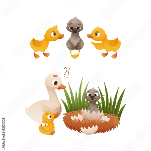 Grey Ugly Duckling Hatching from Egg Shell in Grass and Sad Creature Suffer from Bullying as Fairytale Vector Set