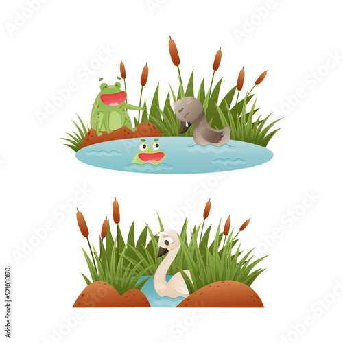 Duck Floating in Pond with Reeds and Grey Ugly Duckling Crying Suffering from Bullying as Fairytale Vector Set