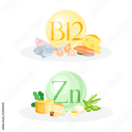 Products ontaining Vitamin B12 and Zinc with Seafood, Cheese and Legume Vector Composition Set