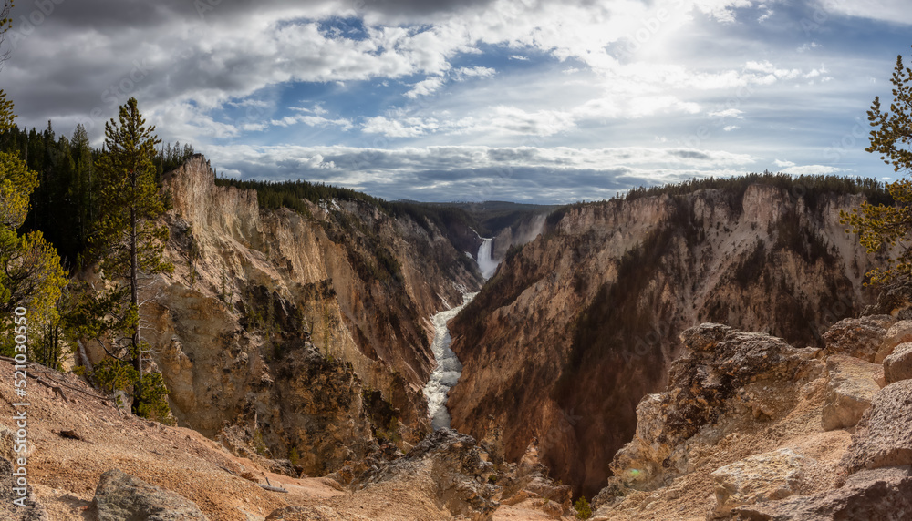 Rocky Canyon, River and Waterfall in American Landscape. Grand Canyon of The Yellowstone. Yellowstone National Park. United States. Nature Background.
